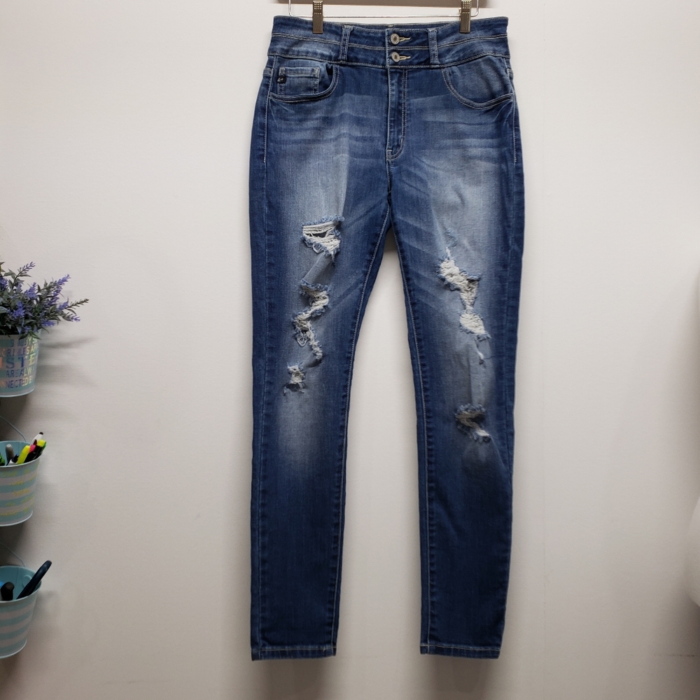 KanCan Jeans Womens Size 29 Hallie Blue Distressed Stretch Mid Rise Denim Preppy